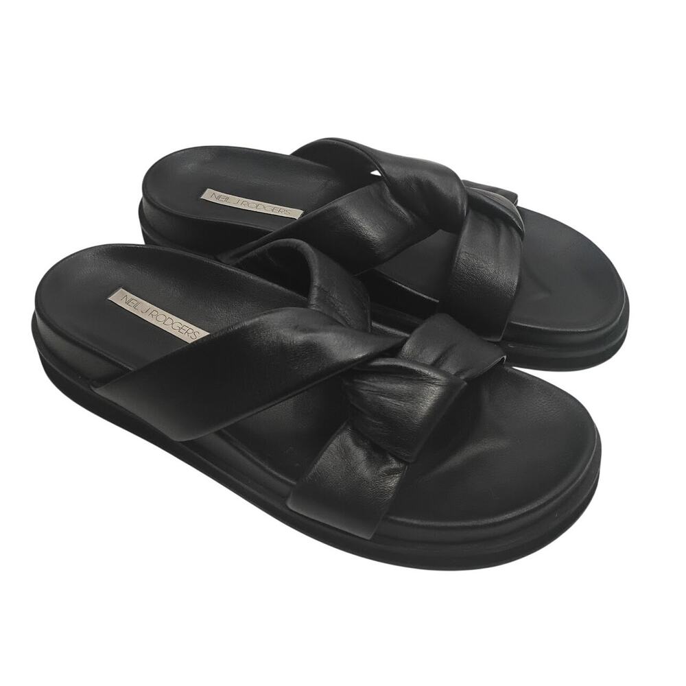 Neil J Rodgers Obi Slides Black Leather Sandals Platform Flats Size 39 US 9